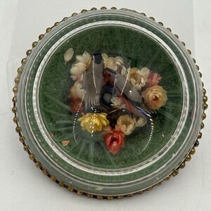 Vintage Glass Dome Paperweight Birds in Nest w/ Flowers‎ 3.5" Ornate Brass Edge
